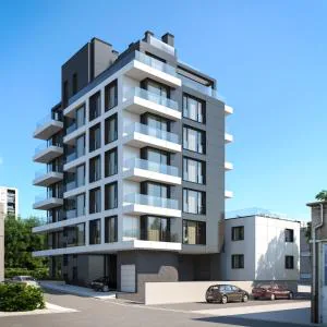 Architektonická vizualizace budovy z jiného úhlu.