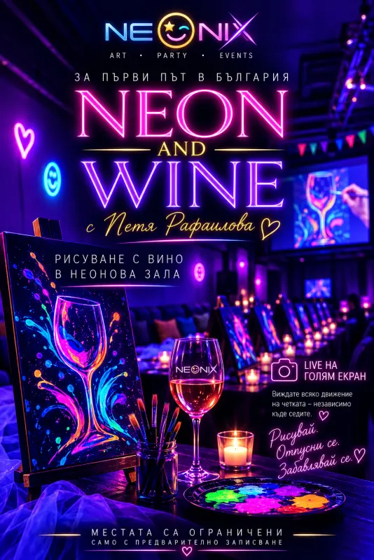 Плакат NEON AND WINE — малювання з вином у неоновій залі Neonix Burgas.