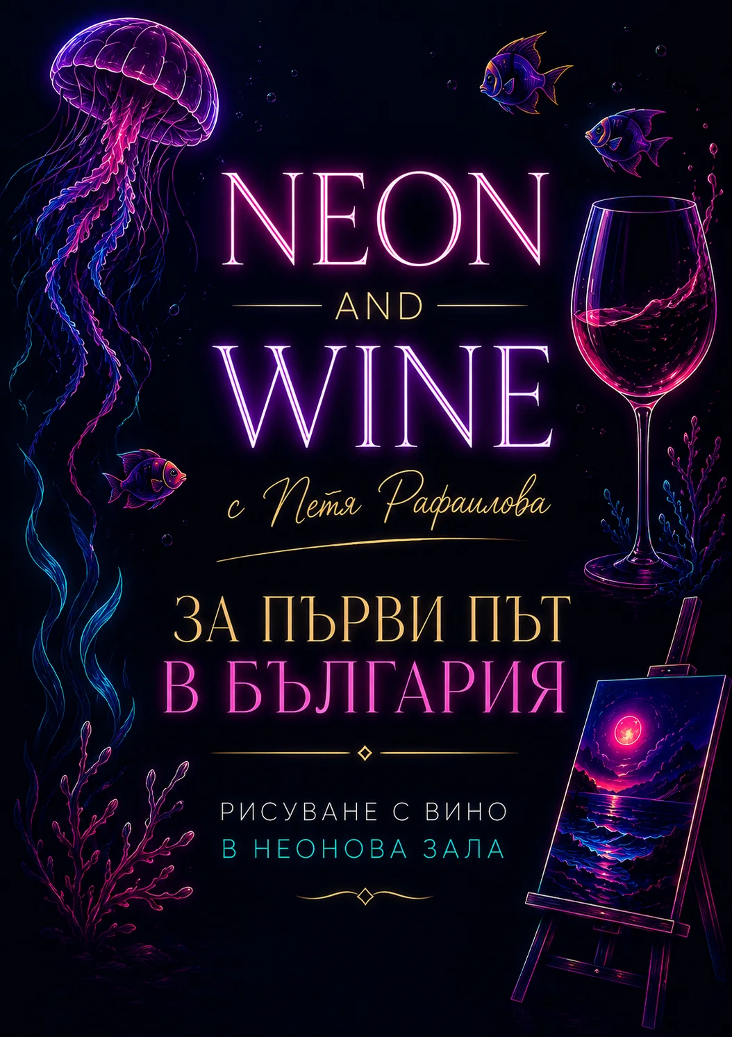 Плакат NEON AND WINE з Петею Рафаиловою — неонова медуза, келих вина та мольберт із картиною.